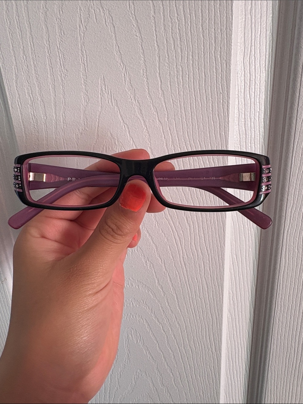 Prada Black and Purple Rectangular Women's Glasses with Crystal Detailing